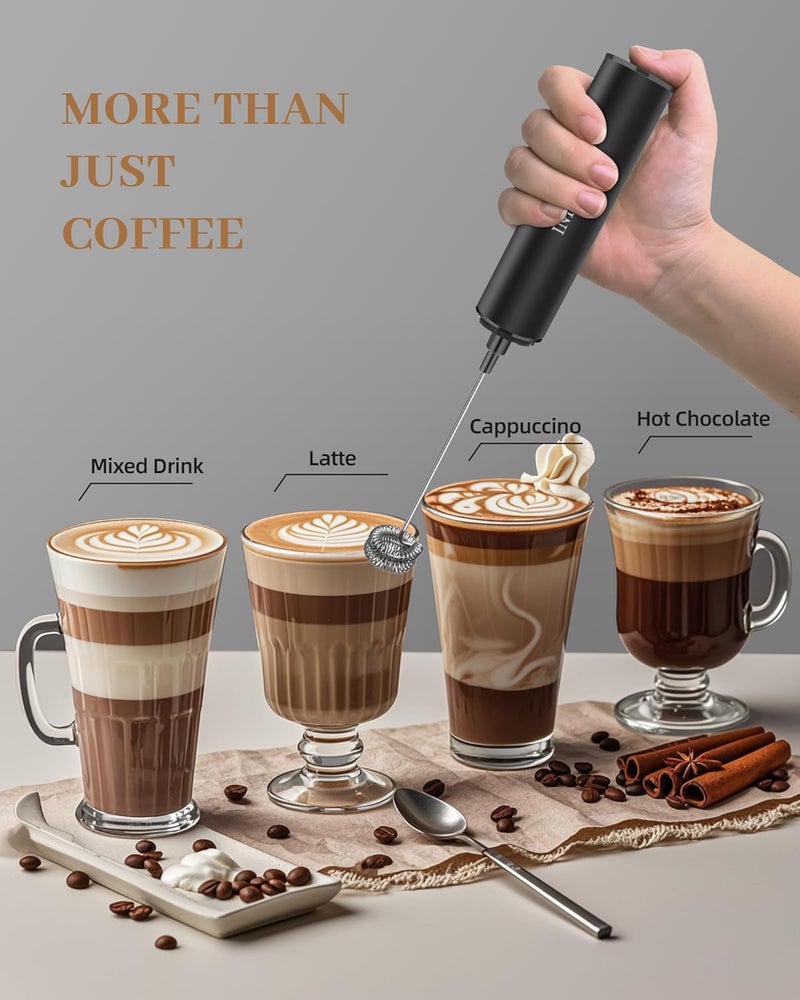 INFOOD Milk Frother Rechargeable with Cover - Coffee Frother Wand, Drink Mixer Handheld with 2 Detachable Stainless Whisks 2 Speed Adjustable for Latte, Cappuccino, Hot Chocolate, Egg, Black - Image 3